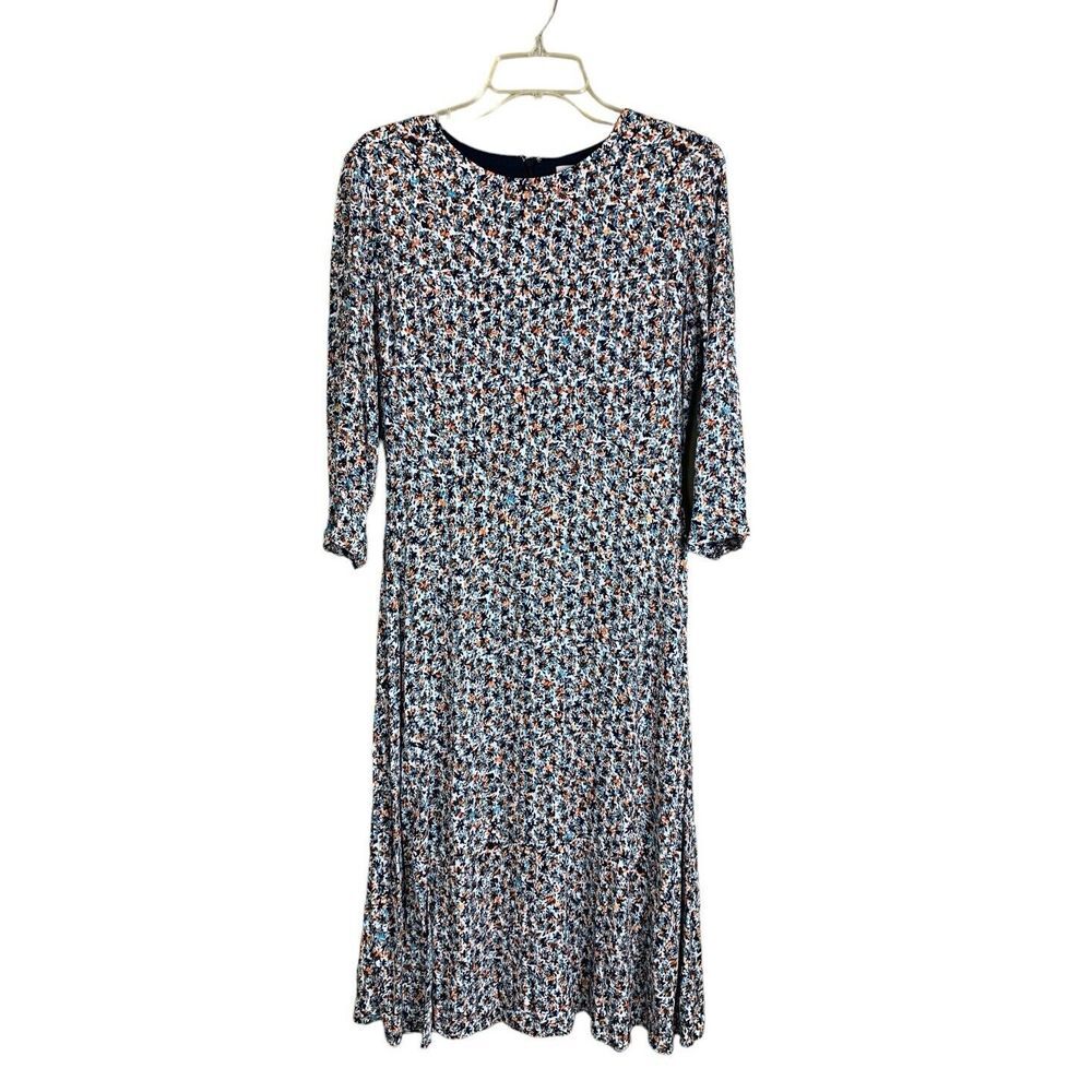 LOFT Womens 6 Ditsy Floral Midi Dress Blue Orange 3/4 Sleeve Fit Flare Lined